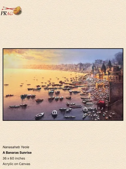 'A Banaras Sunrise' by Nanasaheb Yeole, where the early morning light bathes the ghats and the fleet of boats in a golden glow.