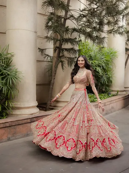 A radiant bride in her element. This joyful twirl showcases the intricate details of her Ejaaz Couture lehenga and her infectious happiness. We love capturing these uninhibited moments of bridal bliss.