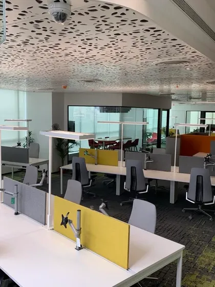 Designing a floor with only task lighting is tricky but rewarding. This image shows a workspace where each desk has its own dedicated light source, giving employees control over their environment.