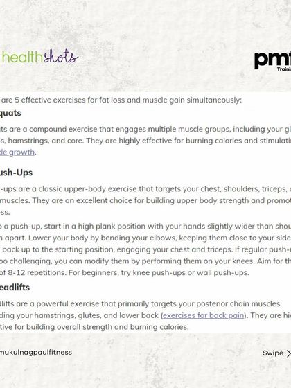 This Health Shots article features my top 5 exercises to boost fat loss and muscle gain at the same time. It covers compound movements like squats, push-ups, and deadlifts.