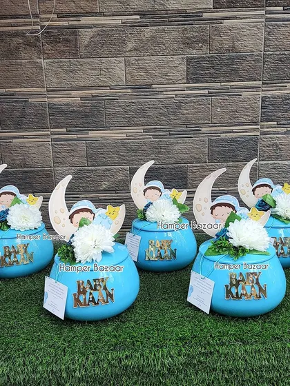 A bulk order of our blue 'handi' hampers for baby Kiaan's announcement.