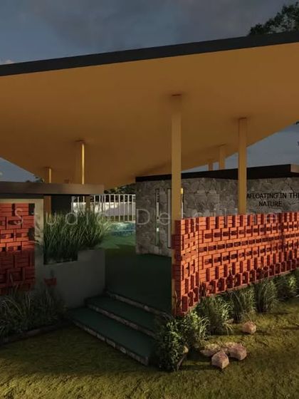 From our roof series, this concept for a Hyderabad home features a dramatic, wing-like roof extending over an outdoor area. The design is complemented by patterned brick privacy walls.