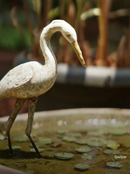 A decorative bird sculpture in a water basin in the garden of the Manjunath Residence, a small detail that adds to the tranquility of the outdoor space.