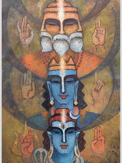 'The Creator - II', a 26x44 inch acrylic on canvas painting for Guru Purnima, celebrating the divine trinity of Brahma, Vishnu, and Shiva.