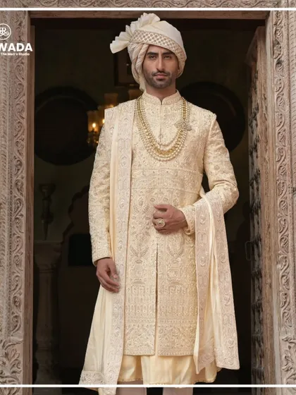 A full-length portrait of a groom in a classic ivory Shauhar sherwani. The ensemble is complete with a matching safa (turban) and a multi-layered pearl necklace, embodying the complete royal look I create.