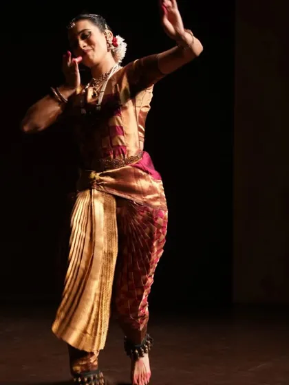 Another angle from the same performance, showing a different phase of movement. This demonstrates the fluid transitions and sculptural quality of Bharatanatyam poses.