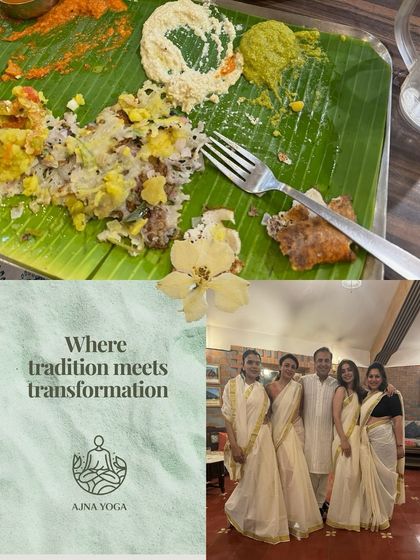 Where tradition meets transformation. A traditional Sadhya meal served on a banana leaf in Kerala, alongside our Sangat dressed in beautiful local attire, shows the deep cultural immersion of our retreats.