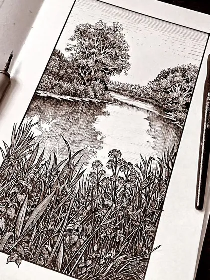 Explore the timeless art of ink illustration with us. This intricate landscape, created with fine pen work and cross-hatching, demonstrates the detailed techniques we teach for creating powerful black and white compositions.