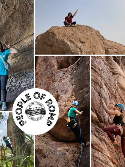 A collage showcasing Sudha's climbing journey, from her first outdoor experiences to confident leads. The "People of Romp" series celebrates this growth.