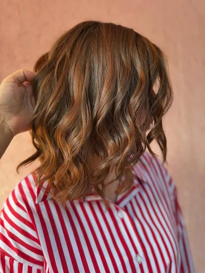 A side profile of the 'Spiced Maple' color. You can see how the warm, coppery tones frame the face beautifully. This is a non-bleach color.