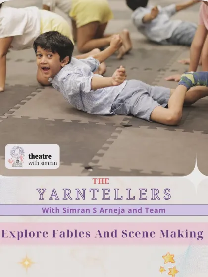 Our "Yarntellers" program invites children to explore fables and scene making. Here, a group of kids engage in a physical warm-up, ready to bring stories to life.