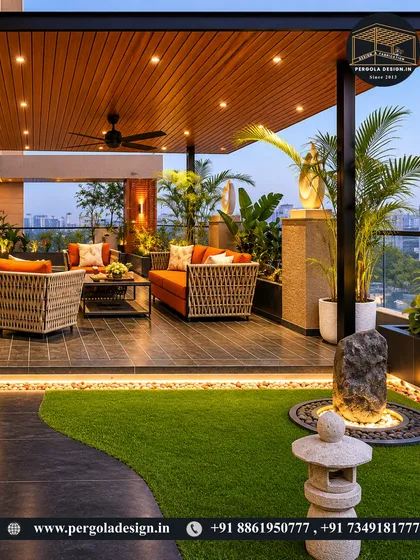 A rooftop transformed into a luxury escape. This pergola design incorporates a wood-finish ceiling, comfortable lounge furniture, and beautiful landscaping with a water feature, creating a resort-like ambiance with a city view.