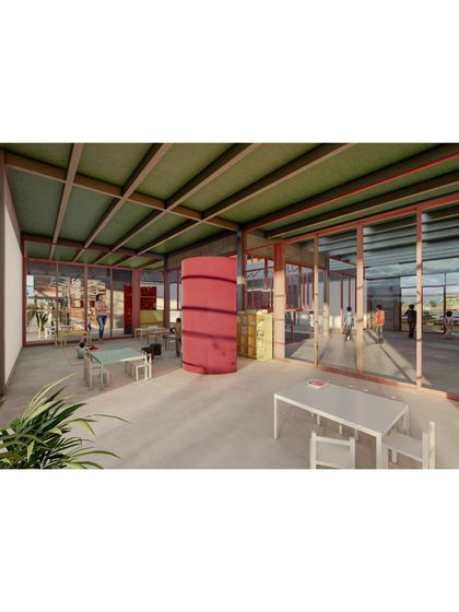 This render shows how the classrooms are designed to be flexible and open. The visual connection to other parts of the campus through the glass walls fosters a sense of being part of a larger community.