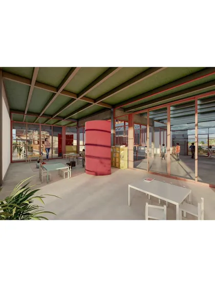 The interior of a classroom rendered in light, shade, and terracotta, showing its connection to the central court.