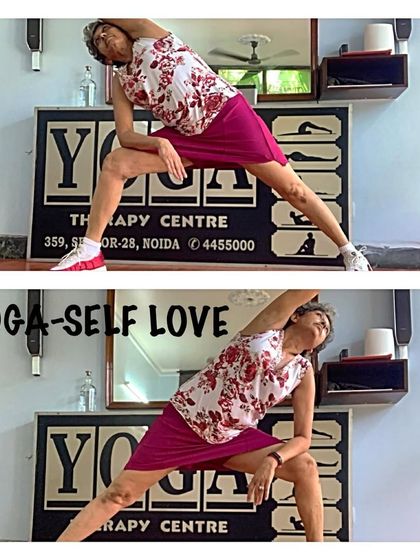 A two-part view of the side angle pose, showing the dynamic stretch and strength it requires. Yoga is a practice of self-love, moving in ways that nourish you.