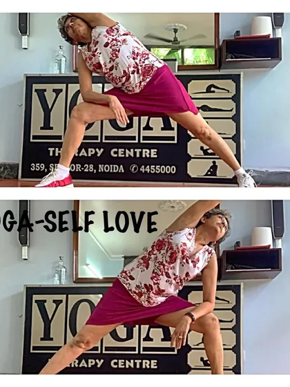 A two-part image showing the Extended Side Angle Pose. It's a fantastic way to build heat and strength in the body.