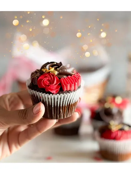 Cupid-approved cupcakes. These dark chocolate cupcakes with red and chocolate frosting are a perfect Valentine's Day treat.