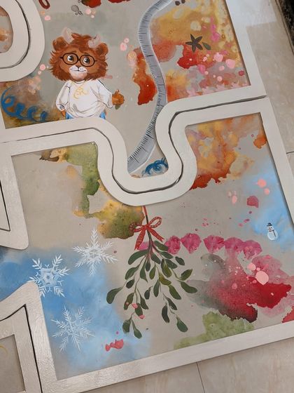 From a cute character representing the client to mistletoe symbolizing a first Christmas together, every detail is thoughtfully placed. This is a great example of a custom milestone artwork.