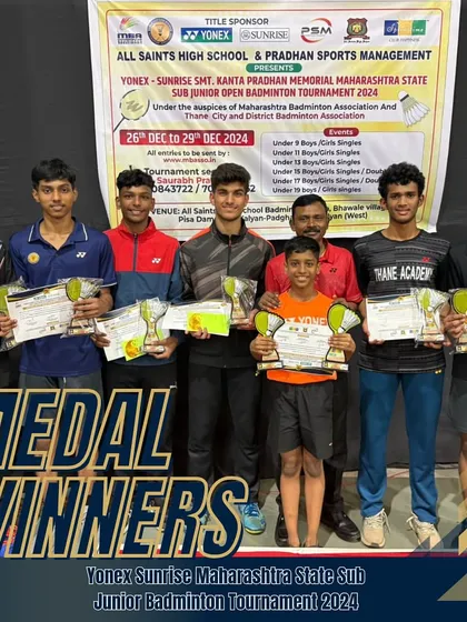 A group shot of our medal winners at the Maharashtra State Sub Junior Open Badminton Tournament.