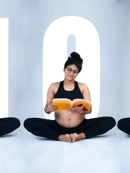 A creative and fun composite image showing a mom-to-be reading. This playful shot is a unique way to capture a personal hobby during pregnancy.