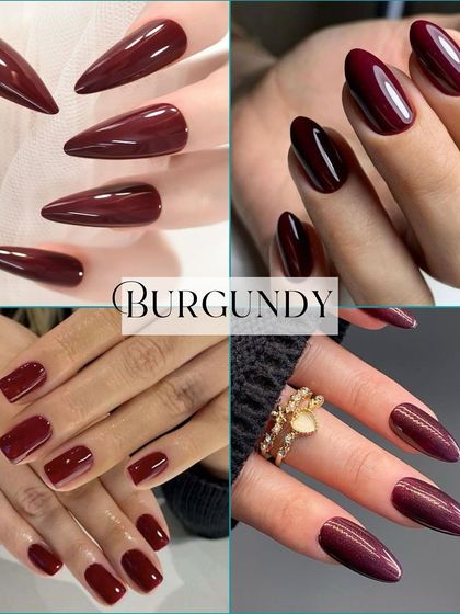 Burgundy is a classic fall nail color. This collage shows different nail shapes with this deep, wine-like hue, which feels luxurious and bold, like a cozy sweater for your fingertips.