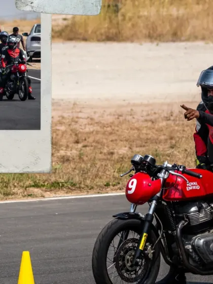 A collage showing a coach giving one-on-one instruction to a rider on the track.