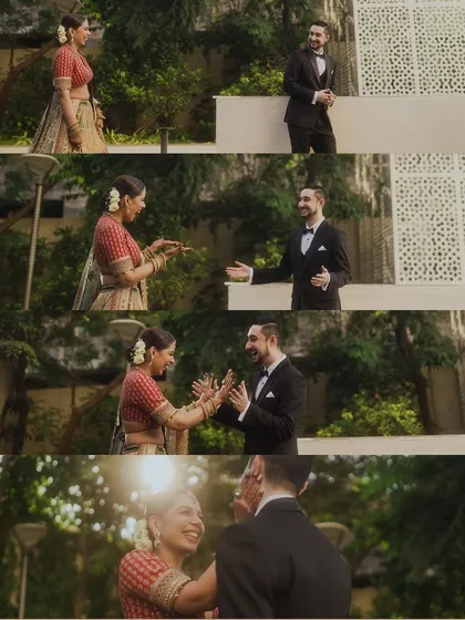 A playful and joyous first look sequence. The bride's animated expressions and the groom's happy reaction are perfectly captured in this four-part story.