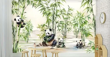 A charming and peaceful scene of pandas playing in a bamboo forest. This hand-painted style mural from our Fun Zone collection is perfect for creating a calm and cute atmosphere in a nursery or playroom.