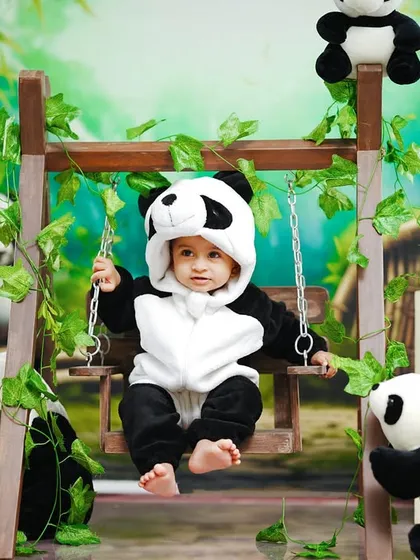 Cuteness overload with our panda theme. A baby in a panda costume sits on a swing, surrounded by his fluffy panda friends.