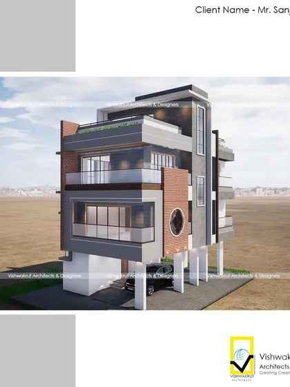 A render of the Stilt+2 building in Uran from a different viewpoint, showing the depth and layering of the facade elements.