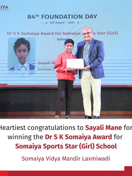 Sayali Mane is recognized with the Dr. S K Somaiya Award for Somaiya Sports Star (Girl) School at our 84th Foundation Day celebration.