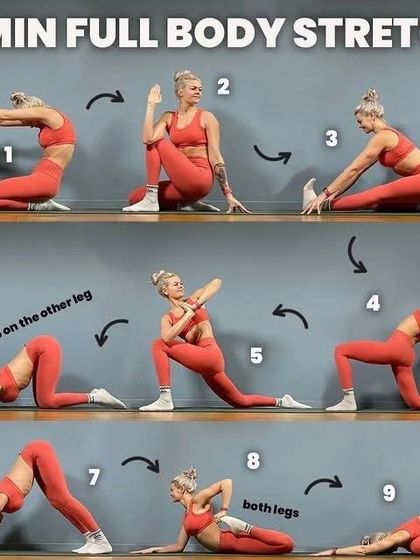Here is a simple 5 minute full body stretch routine you can do anytime. It includes a sequence of nine movements that target all major muscle groups, perfect for warming up or cooling down.