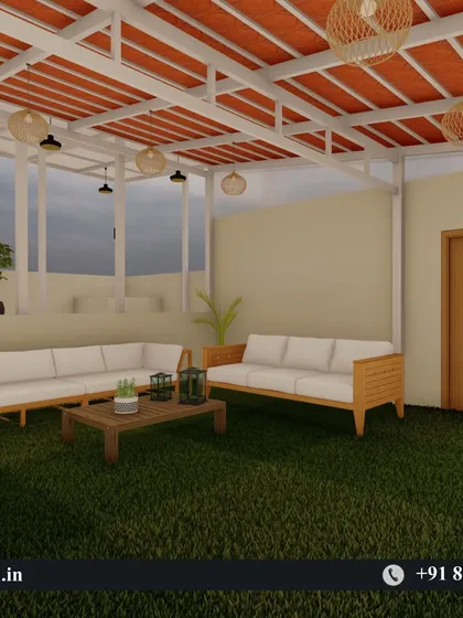 Another render of the rooftop lounge, showcasing the furniture arrangement, lighting, and the warm aesthetic of the tiled ceiling.