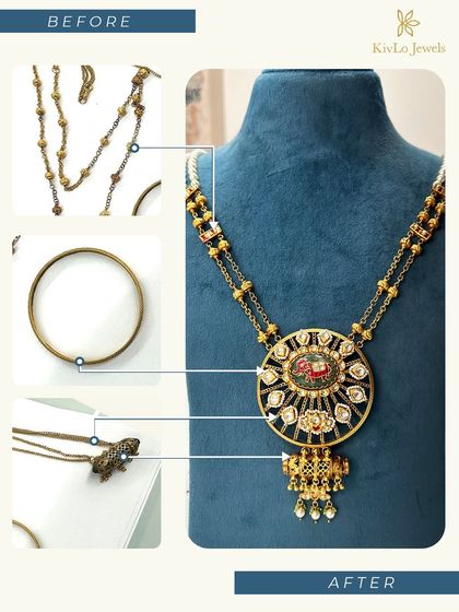 A stunning transformation showing how we combined unused gold chains and a bangle to create this breathtaking necklace. The final piece blends heritage with elegance, showcasing the art of thoughtful placement and design.