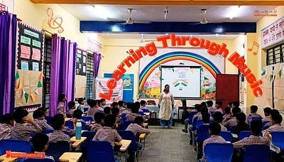 "Learning Through Music" is our core philosophy, displayed proudly in this classroom. An instructor addresses a room full of engaged students, ready to begin their musical journey.