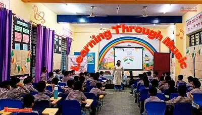 "Learning Through Music" is our core philosophy, displayed proudly in this classroom. An instructor addresses a room full of engaged students, ready to begin their musical journey.