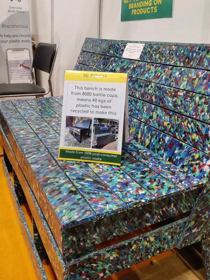 This bench alone is made from 8,000 bottle caps, which means 40 kgs of plastic has been recycled. It's a tangible measure of the impact we can make together.