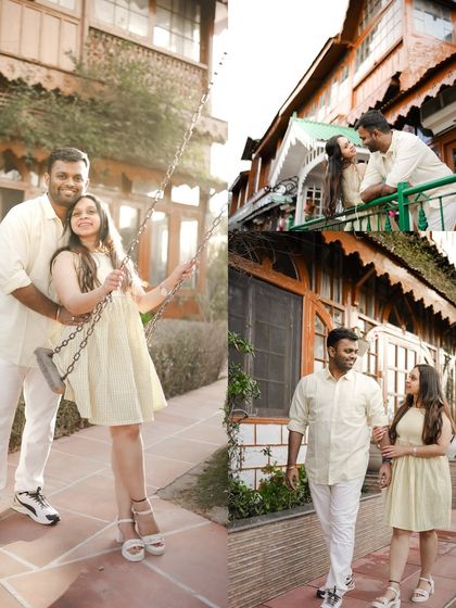 A collage of happy moments from a pre-wedding shoot in Dalhousie, featuring a couple enjoying the charming architecture and a swing.