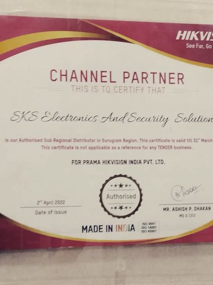 My official Channel Partner certificate from PRAMA HIKVISION INDIA. This certifies SKS as an Authorized Sub Regional Distributor in the Gurugram region, a mark of trust and reliability.