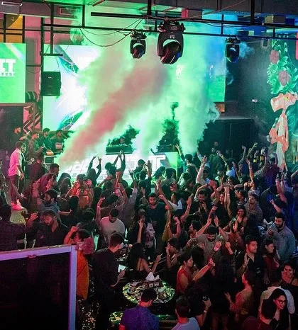 A wide shot of the packed dance floor during our set at LIIT Pune. The combination of visuals, lights, and music creates a magical night.