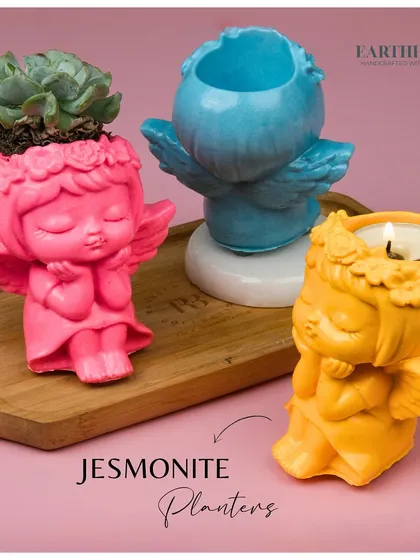 I created these angel-shaped pieces from eco-friendly Jesmonite to be beautifully versatile. You can use them as a planter for a small succulent or as a holder for a tea-light candle. Their vibrant, cheerful colors are designed to bring a little bit of joy to any corner.