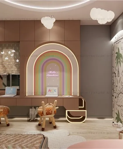 I designed this magical kids' room to be a shared space for a brother and sister. It features a unicorn-themed area and a dinosaur-themed section, brought together by a shared study nook with a glowing rainbow arch, creating a space where both their personalities can shine.