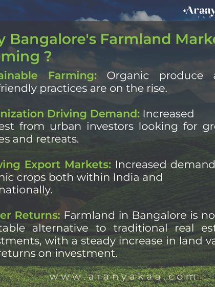 Bangalore's farmland market is booming due to several factors: a rise in sustainable farming, increased demand from urban investors seeking green retreats, growing export markets for organic crops, and higher returns compared to traditional real estate.