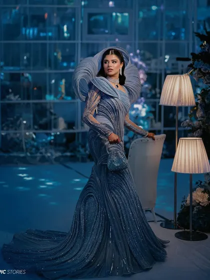 A full-length portrait of Darin at her reception. The cool blue lighting and futuristic decor created a surreal, underwater-like atmosphere that made for some truly unique and memorable photographs.