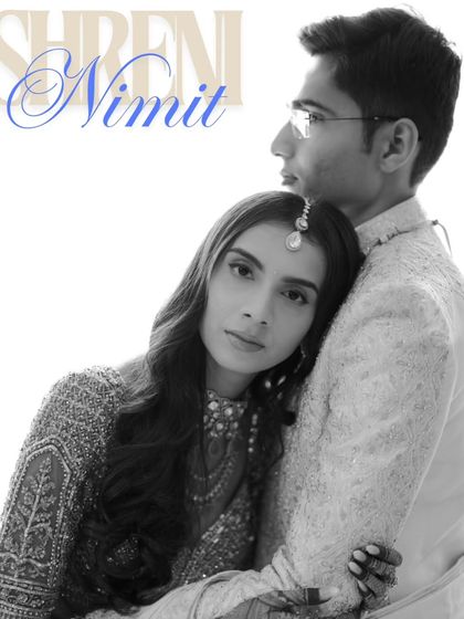 A modern black and white couple portrait with elegant typography, the bride resting her head on the groom's shoulder.