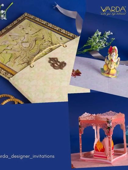 This collage displays the variety within our Indian wedding invitation collection. It features a pop-up havan kund, a Ganesha figurine, and a card with traditional artwork, demonstrating our ability to capture the diverse spirit of Indian weddings.