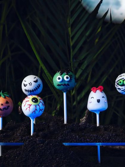 Spooky and delicious Halloween cake pops. We made Jack Skellington, Frankenstein's monster, a mummy, a ghost, an eyeball, and a jack-o'-lantern.