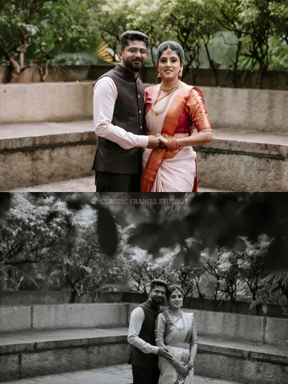 A classic portrait of the couple in a park-like setting, presented in both color and black and white to showcase the timelessness of the moment.