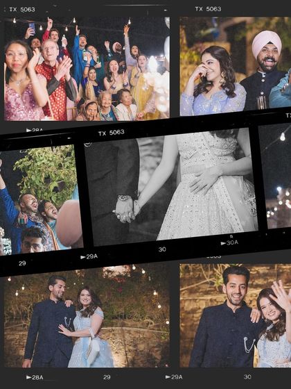A collage of film-strip style photos capturing the couple's proposal, dance, and candid moments with guests.