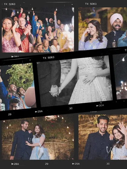 A collage of film-strip style photos capturing the couple's proposal, dance, and candid moments with guests.